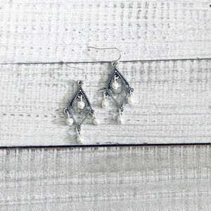 Bohemian White Pearl Drop Silver Earrings NWT